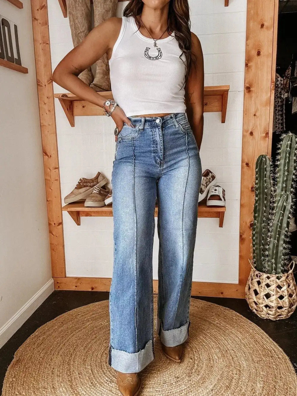 Super High-Waisted Wide Leg Cuffed Jeans