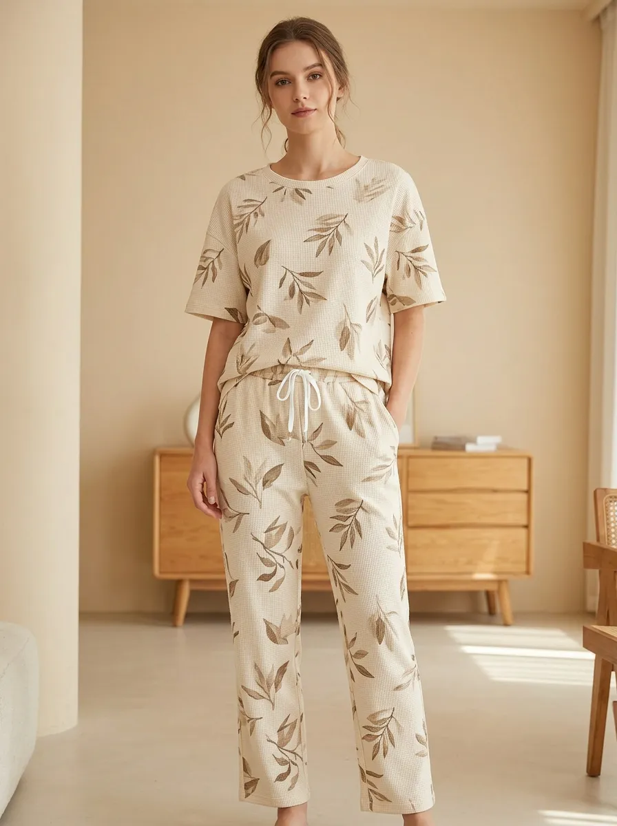 Botanical Leaf Waffle Knit Printed Lounge Set