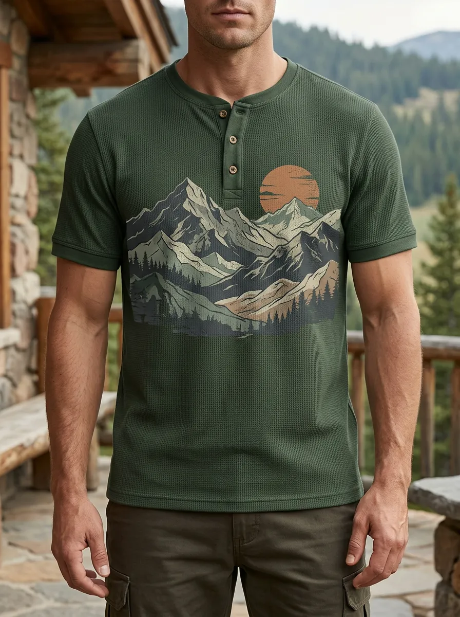 Men's Relaxed Nature Lover Mountain Sunset Henley T-Shirt