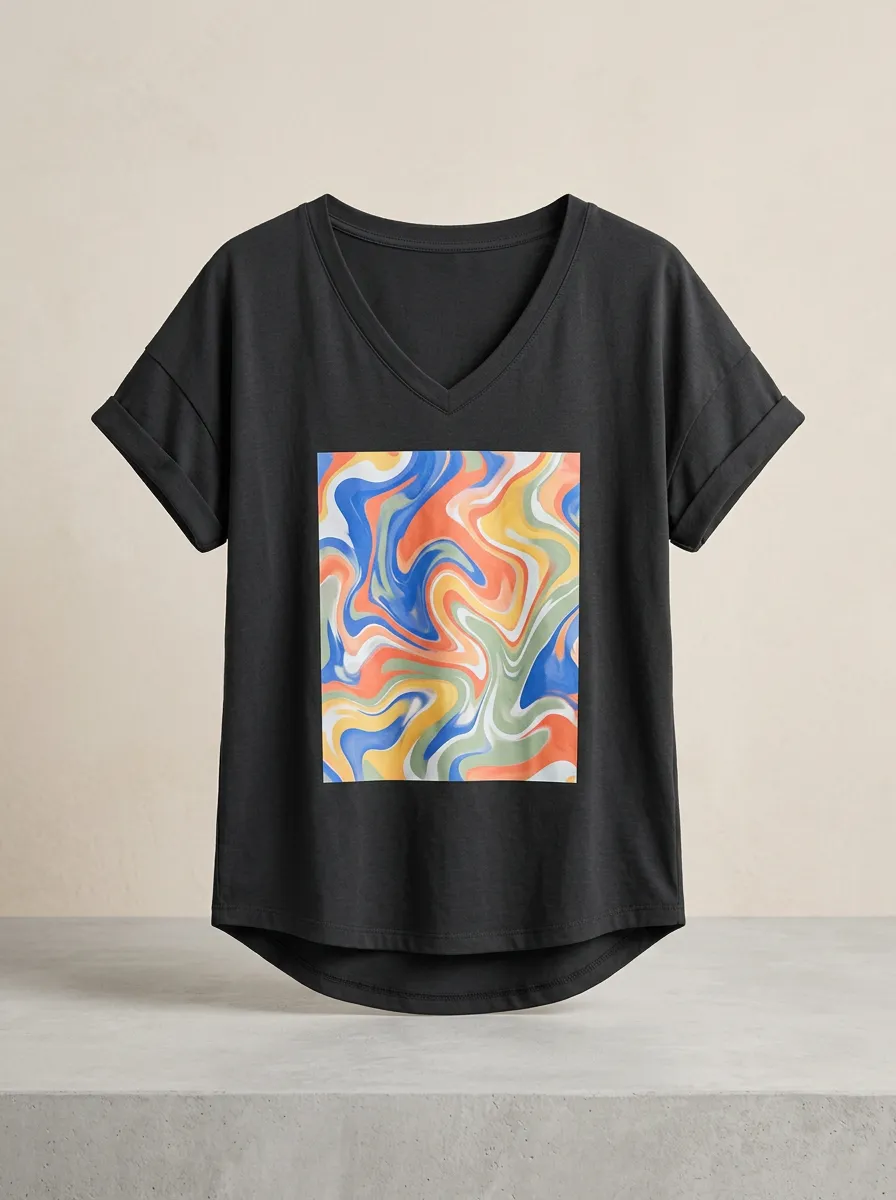 Women's Abstract Art Colorful Swirl Printed V-Neck T-Shirt Everyday Design