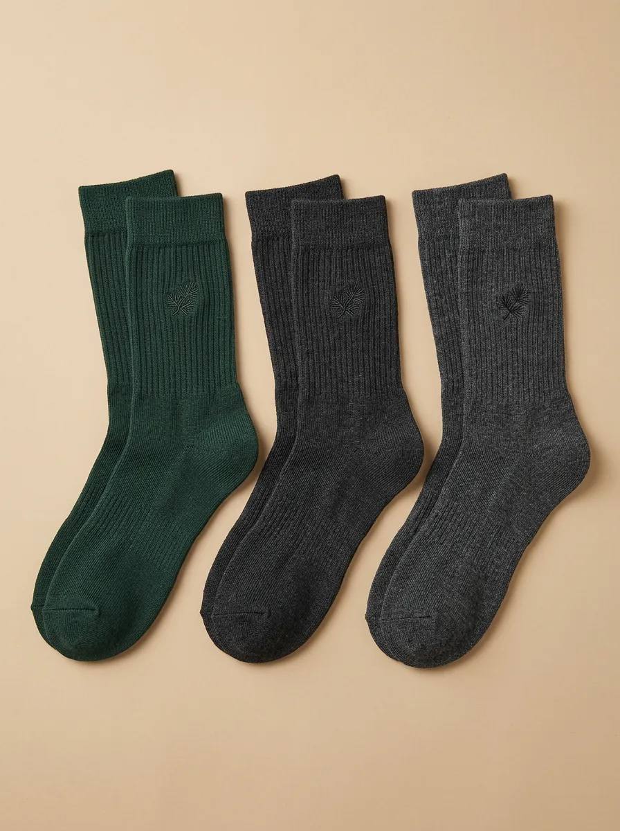 Men's 3-Pack Leaf-Embroidered Leaf-Motif Ribbed Reinforced-Toe-Heel Crew Socks