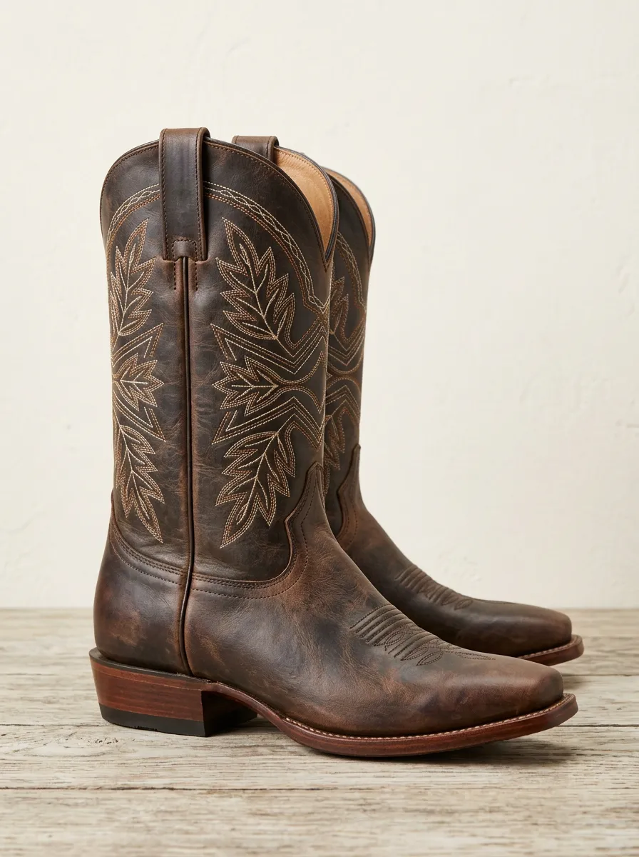 Men's Western Cowboy Leaf Stitched Printed Western Boots