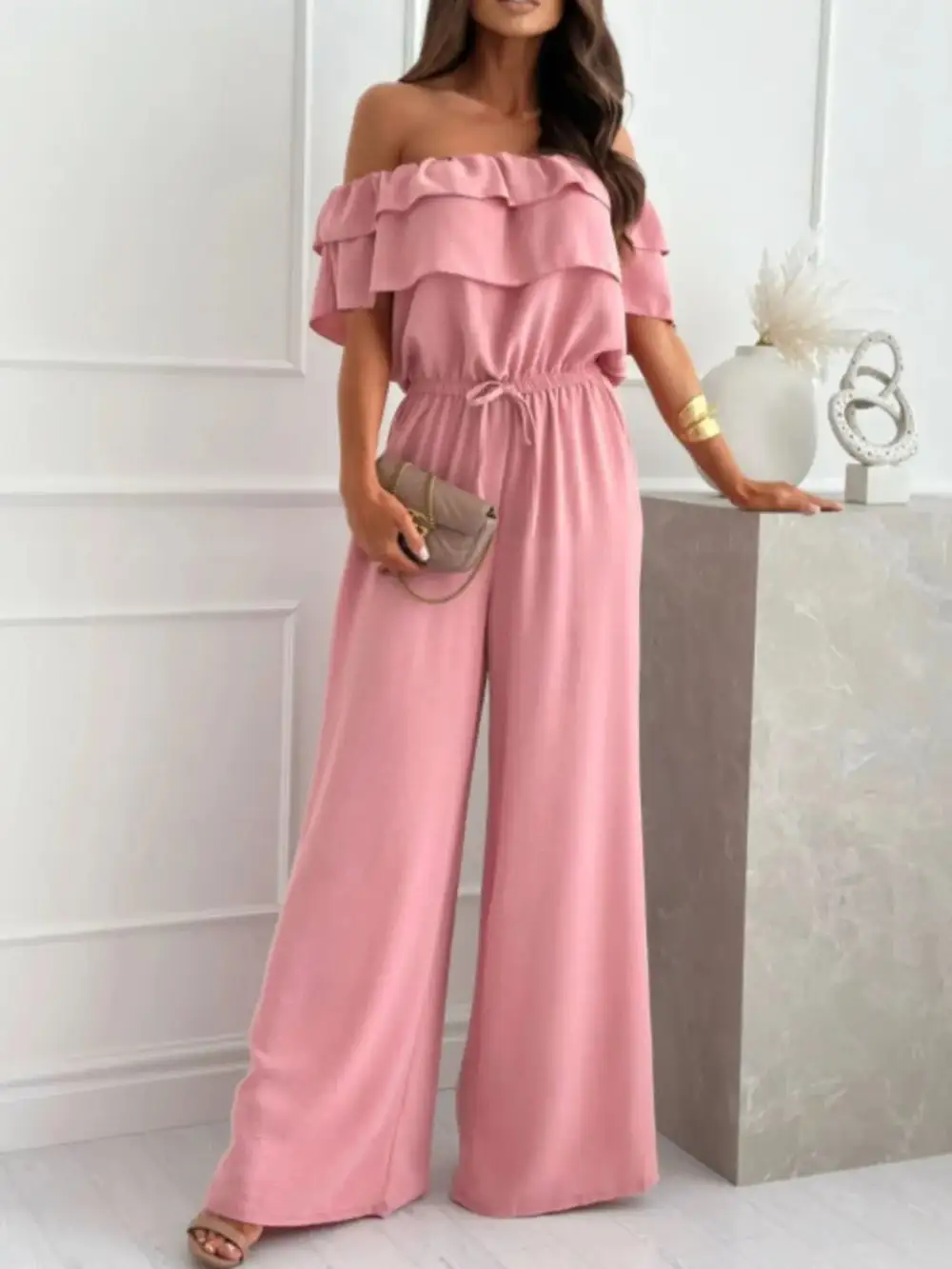 Shoulder Ruffled Wide Leg Jumpsuit