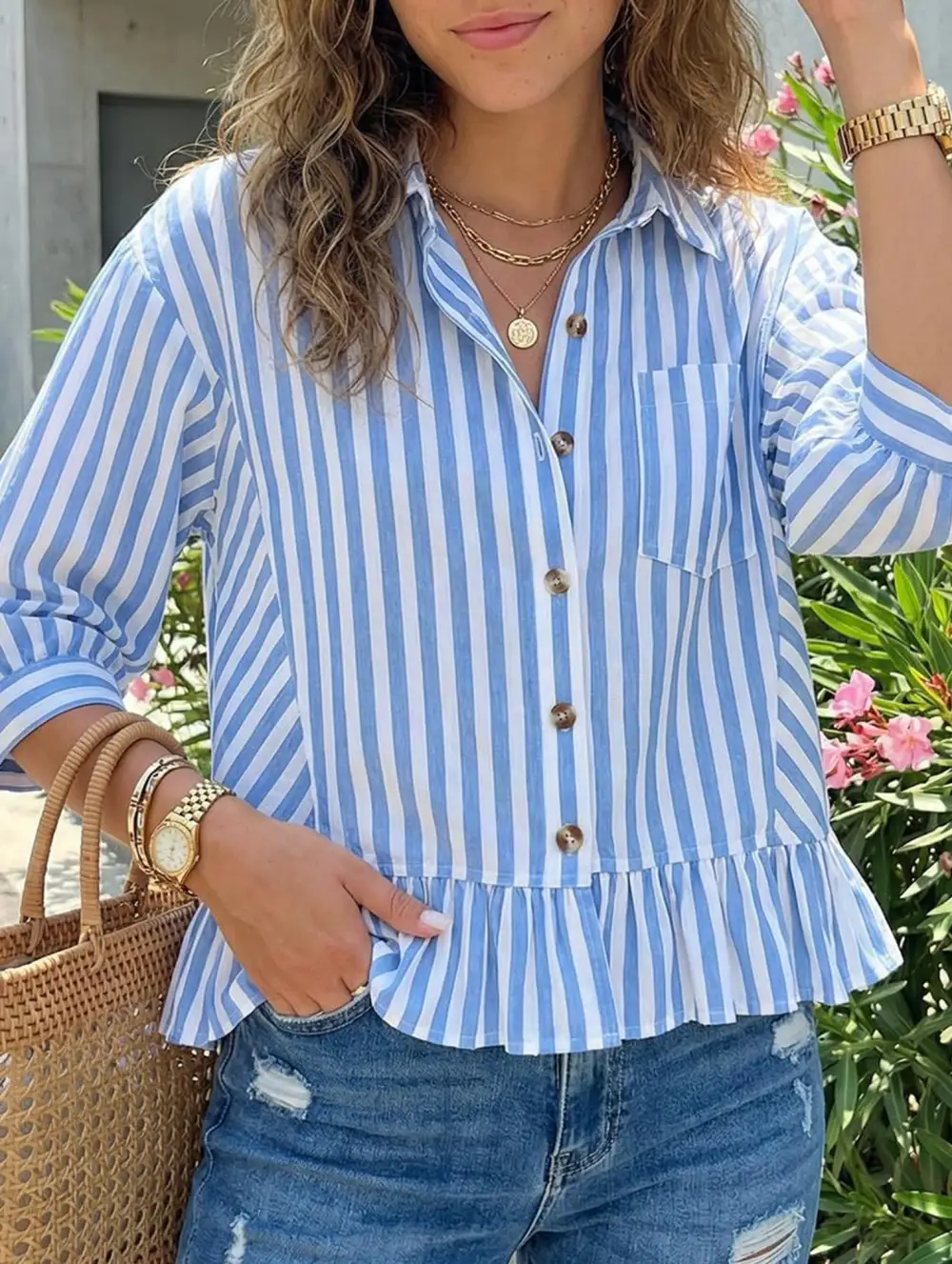 Stripe Button Three Quarter Sleeve Shirt