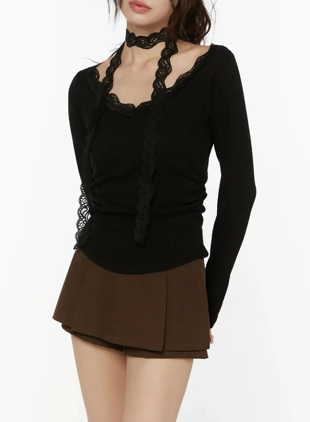 Lace-Trim Boat Neck Choker Top
