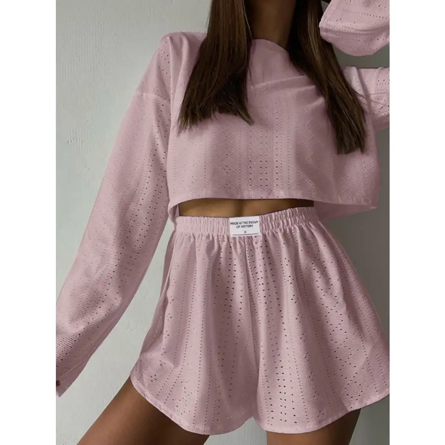 Relaxed Eyelet Round Neck Top and Shorts Set