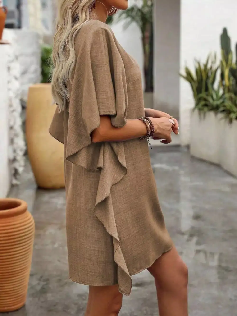 V Neck Ruffle Flutter Sleeve Mini Dress