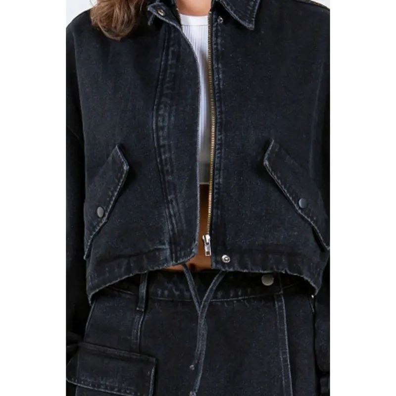 Drawstring Waist Crop Denim Jacket