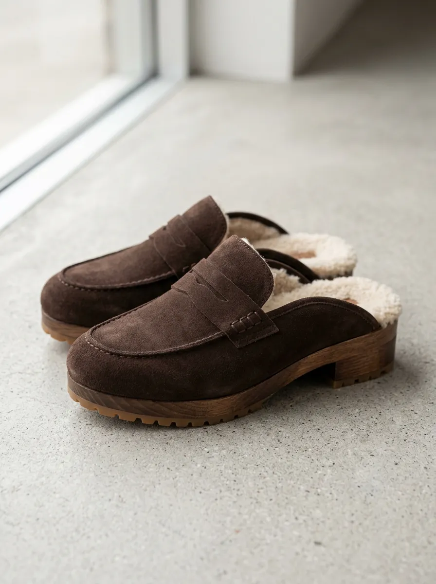 Women's Outdoor Faux Fur Lined Suede Wood Sole Loafers