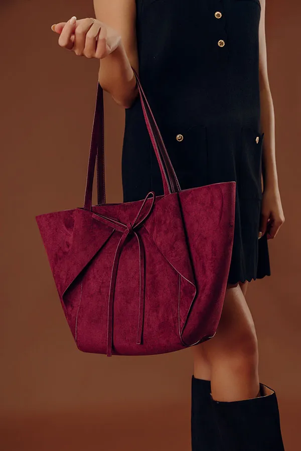 Faux Suede Faux Leather Bow Detail Tote Bag