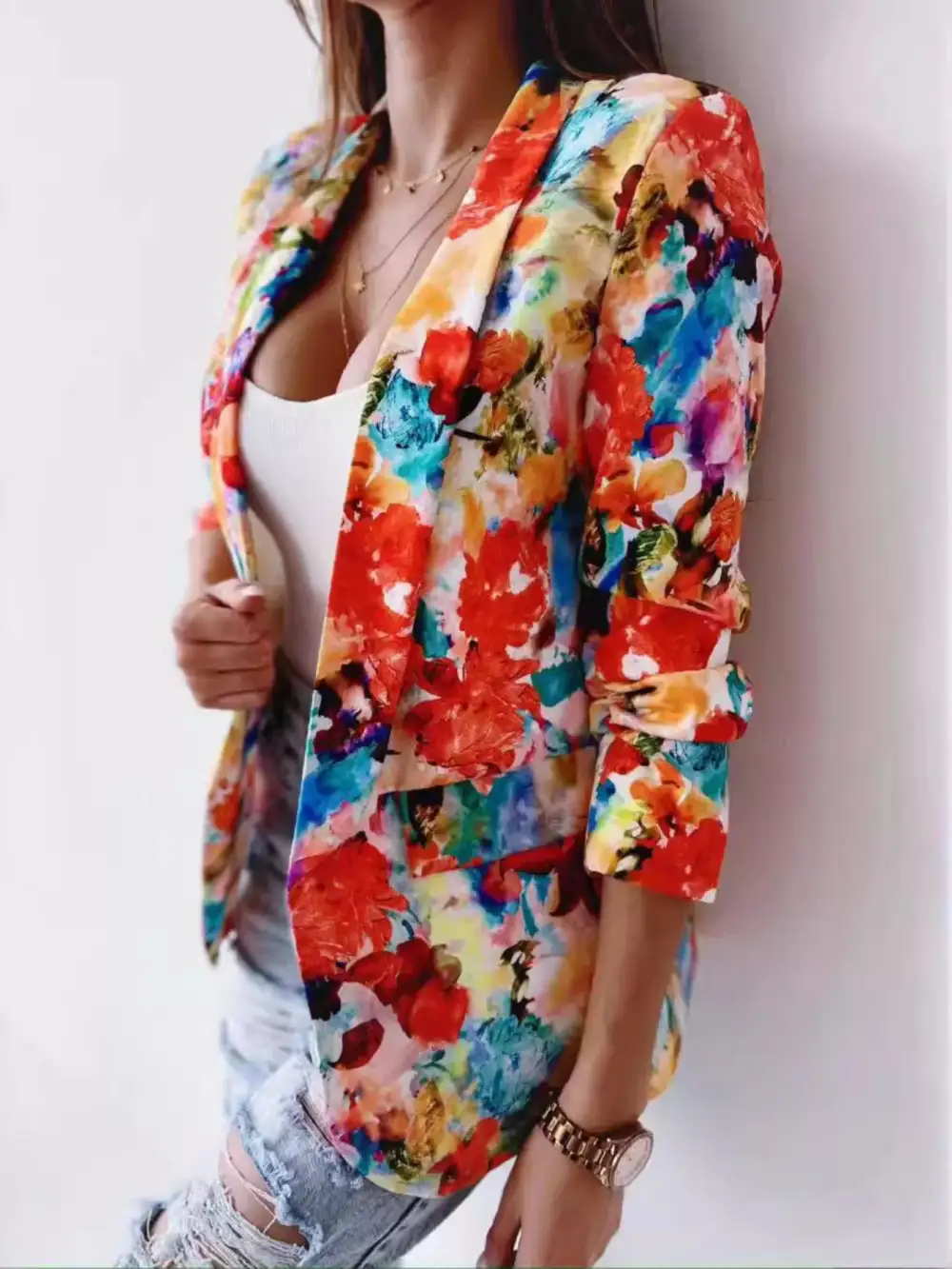 Open-Front Floral-Print Blazer