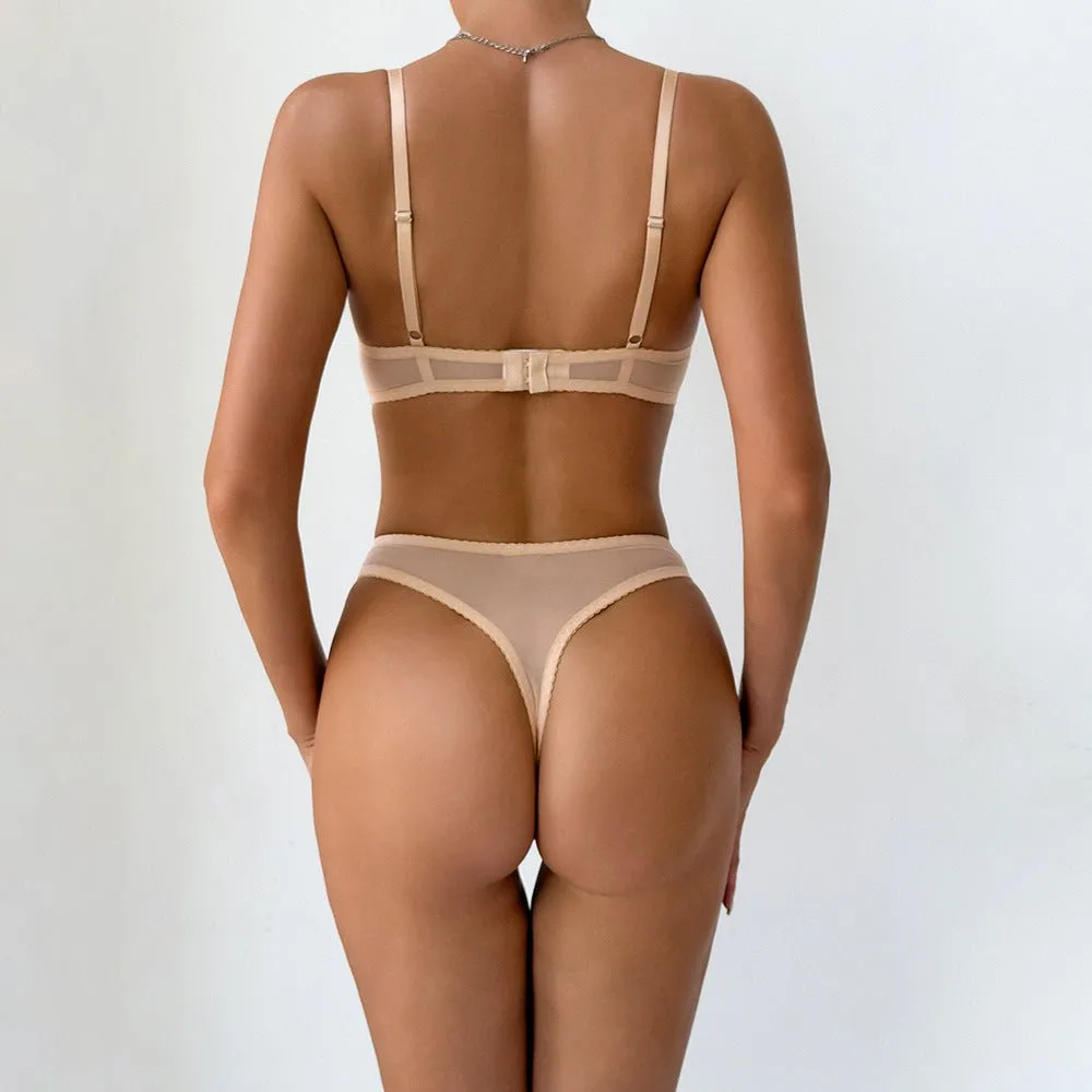 Pleated Mesh Lace Underwire Bra Set