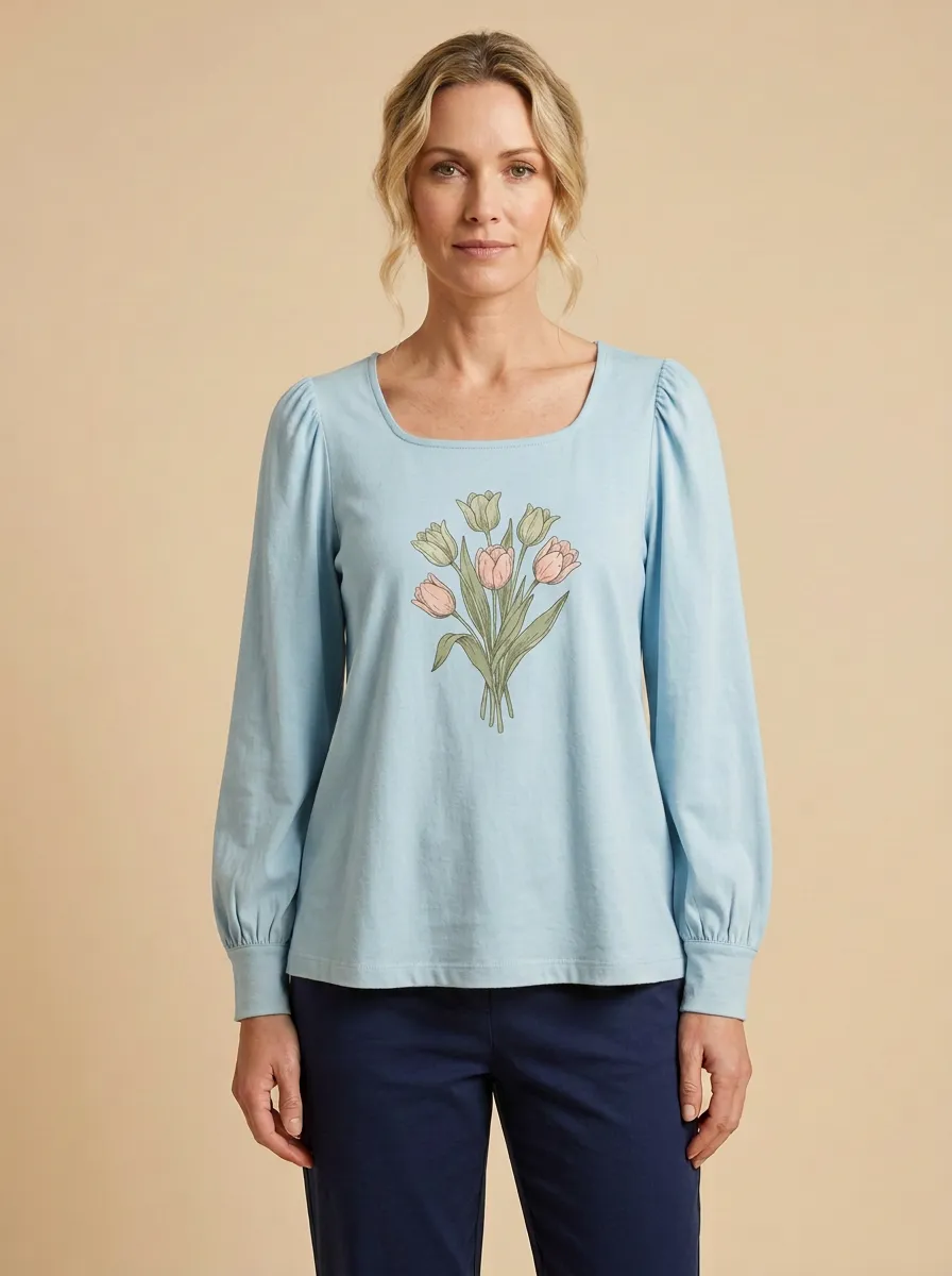Women's Floral Graphic Square-Neck Long-Sleeve Top