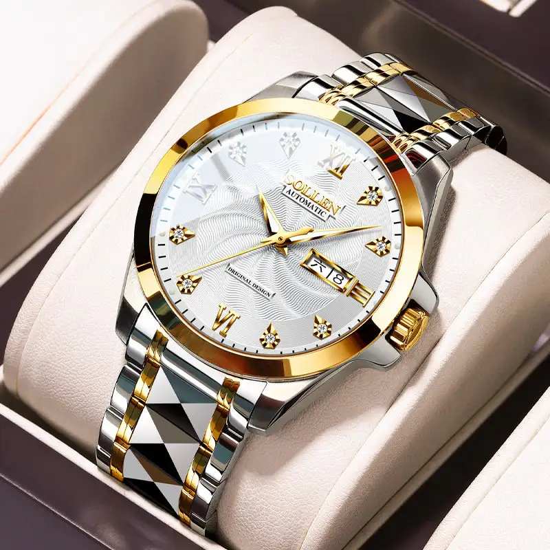 Sollen 9089 Automatic Watch - Men's Dress Citizen 8205 Wavy Dial Day Date Roman Crystal Marker 7-Bead Steel Bracelet Wristwatch