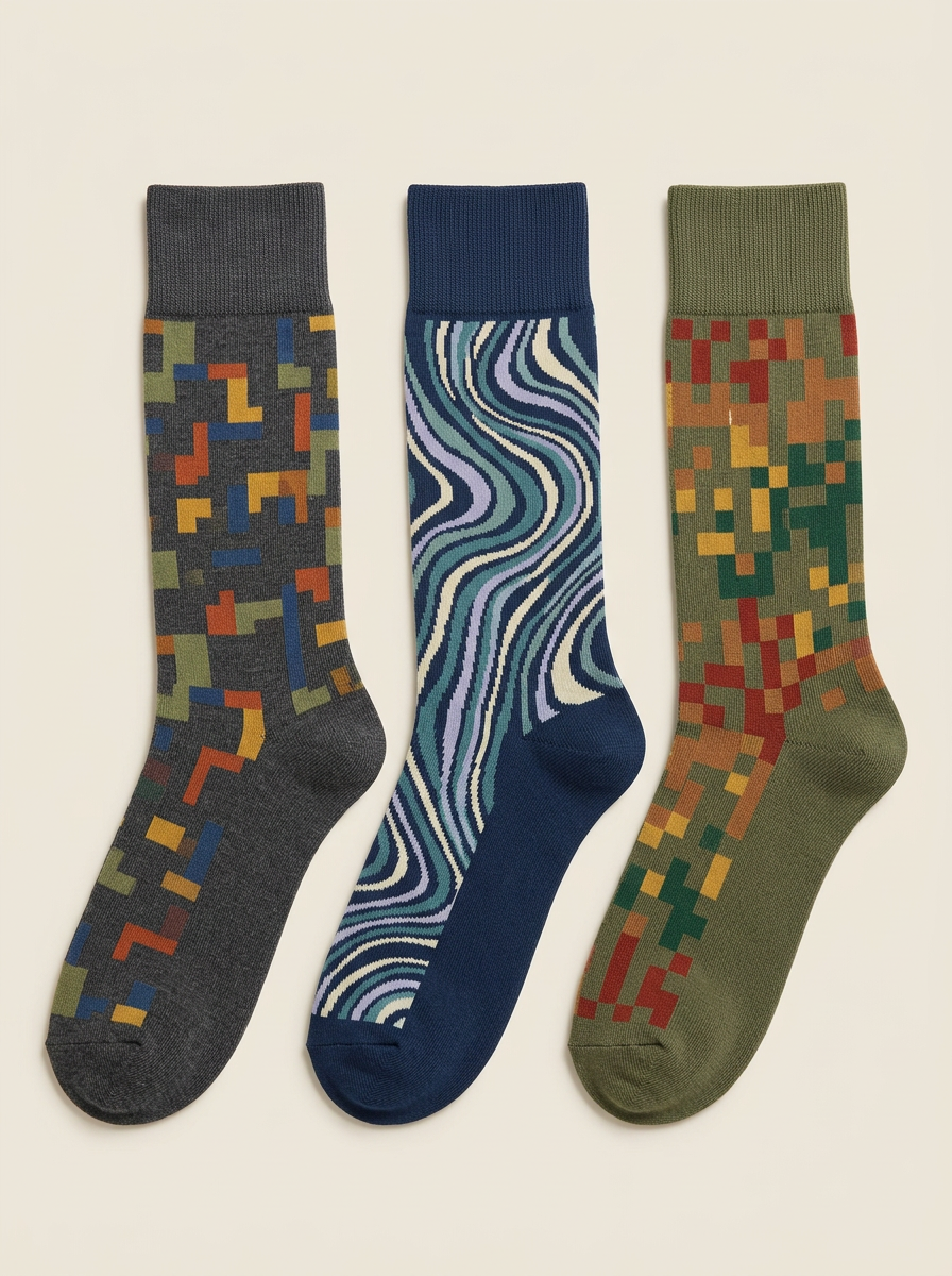 Men's Geometric Pixel Wavy Pattern Three-Pack Socks