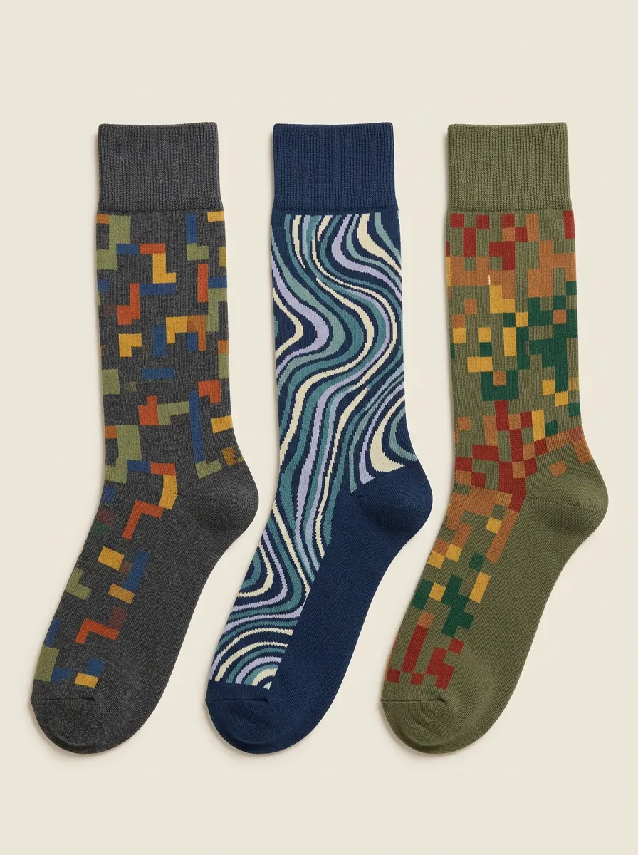 Men's Geometric Pixel Wavy Pattern Three-Pack Socks