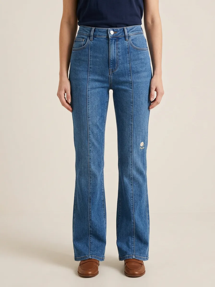 Women's Small Rose Thigh Embroidered Front-Seam High-Rise Flare Jeans