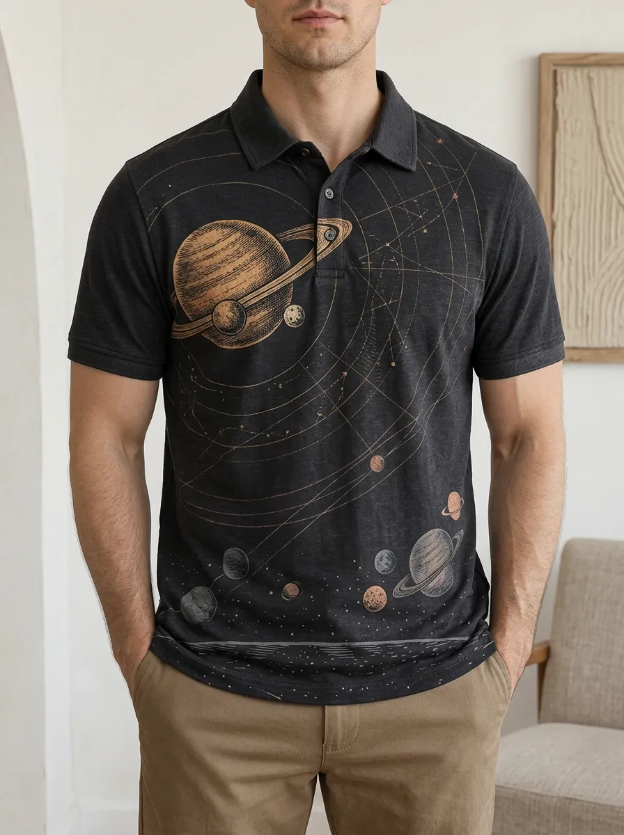 Men's Astronomy Lover Solar System Printed Polo Shirt Modern Casual Style