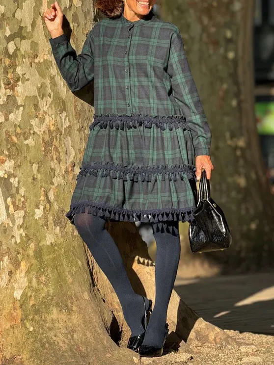 Casual Plaid Print Small Fringe Mini Dress