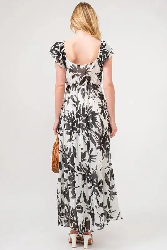 Ruffled Sleeve Tiered Floral Print Maxi Dress
