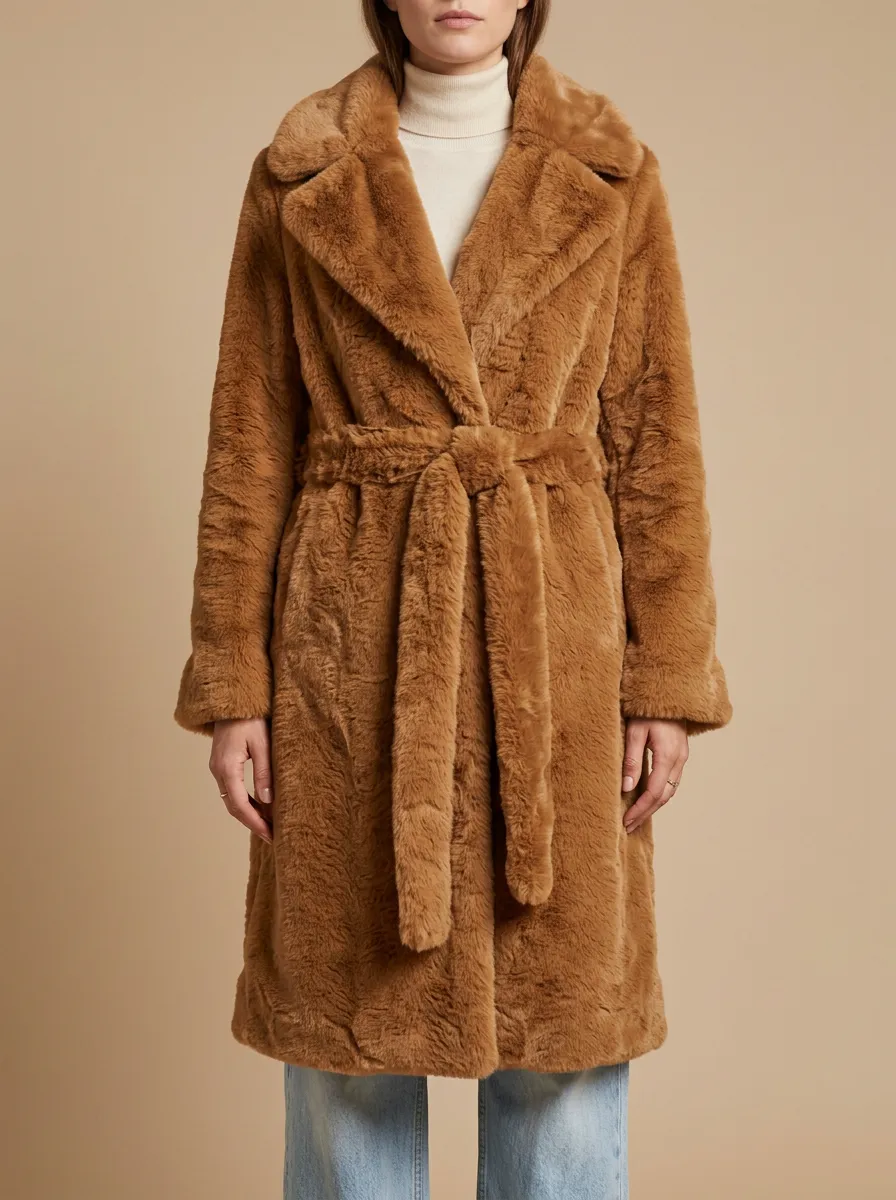 Notched Lapel Solid Faux Fur Belted Coat