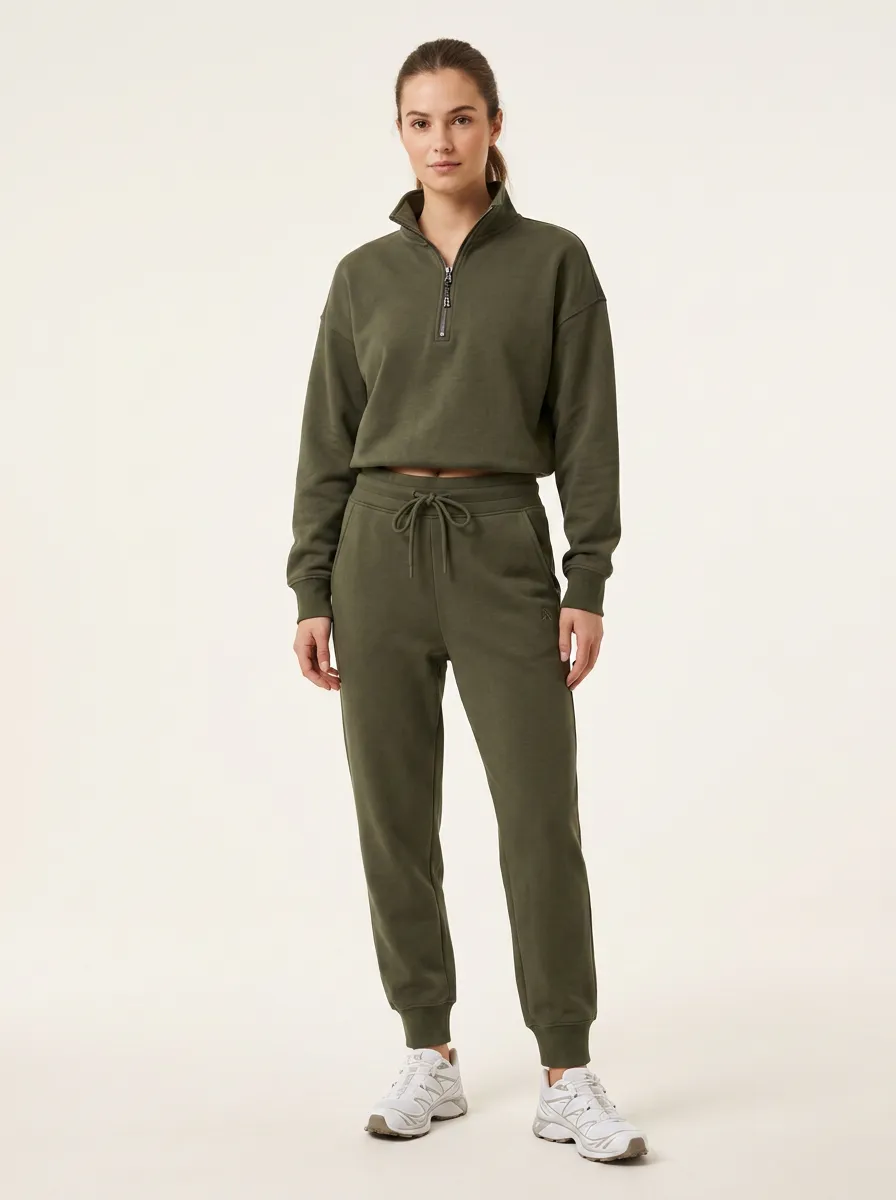 Women's Olive Green Quarter Zip Crop Sweatshirt Jogger Set