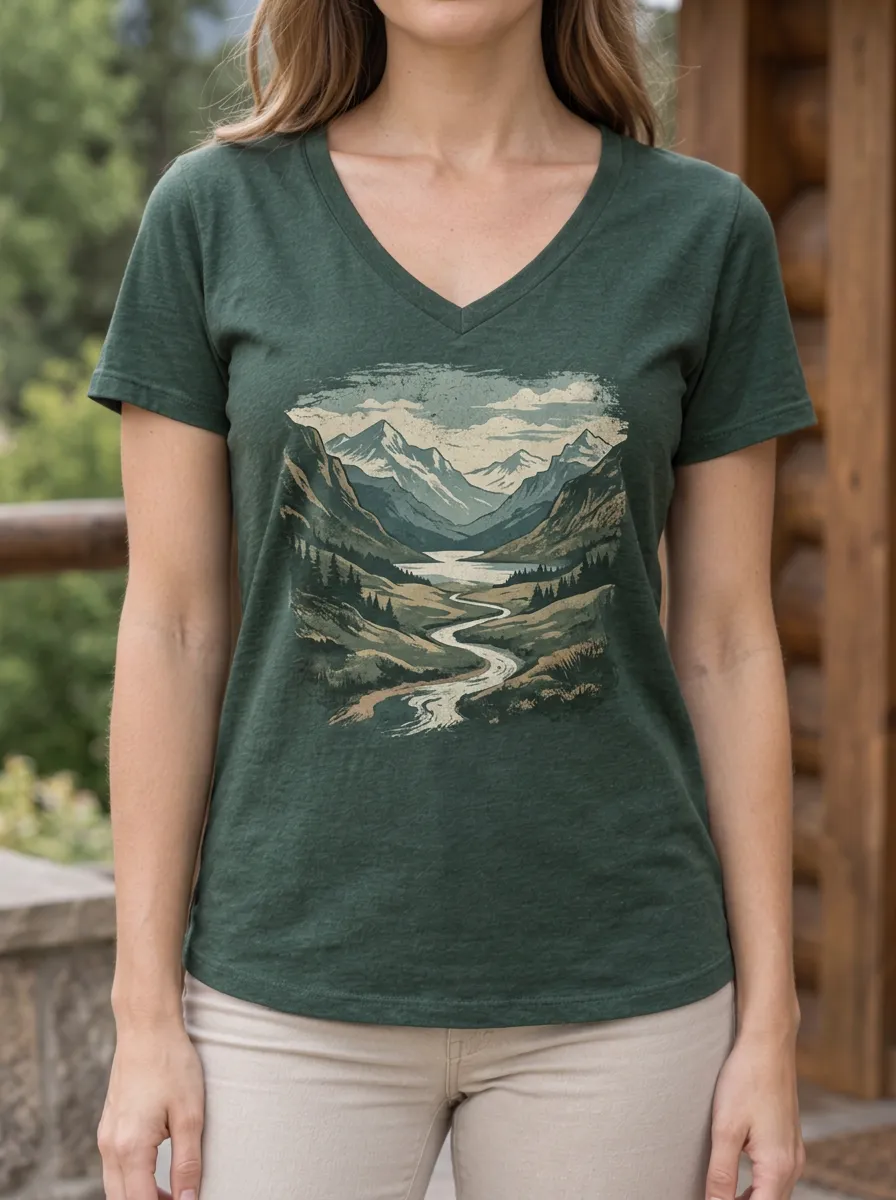 Women's Wilderness Nature Lover Mountain River Landscape V-Neck T-Shirt
