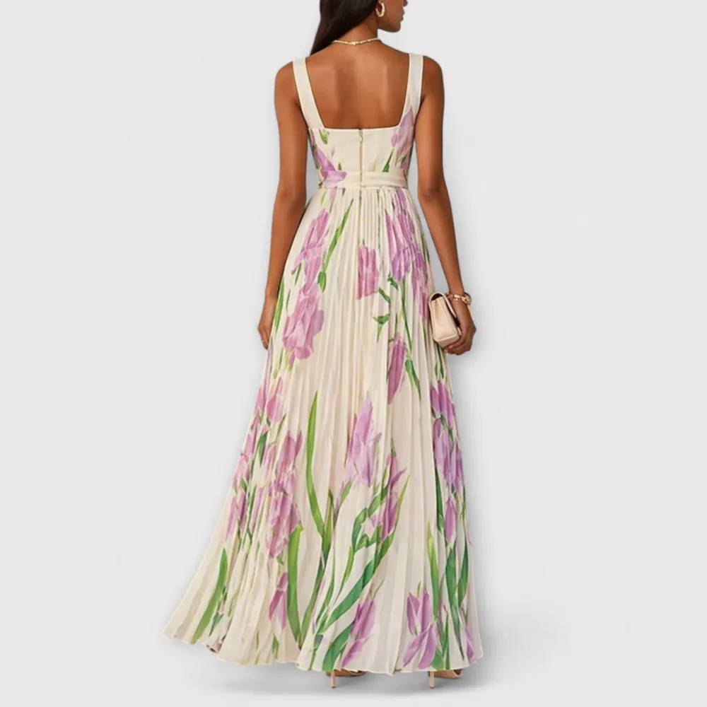 Floral Pleated Chiffon Maxi Dress