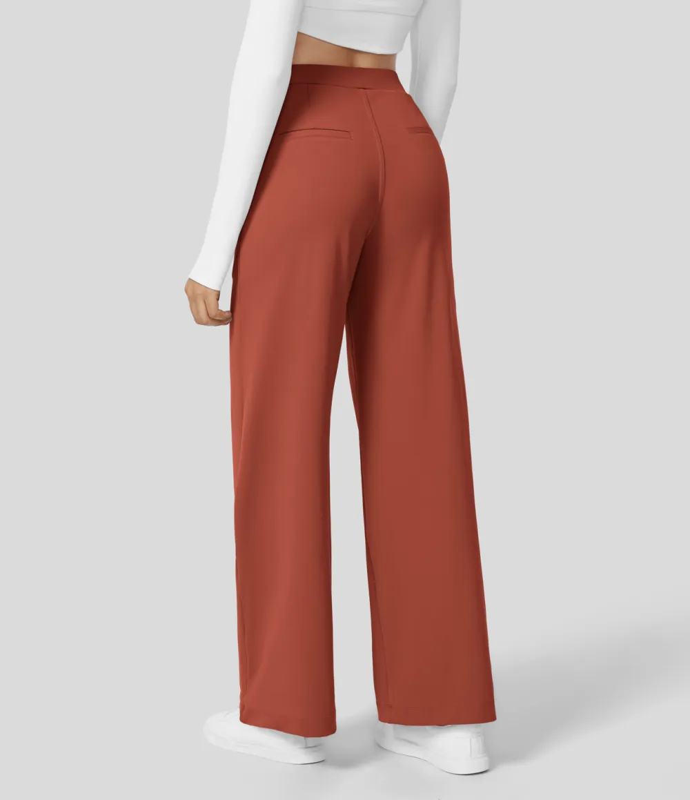 2026🔥  High Waisted Plicated Side Pocket Straight Leg Work Pants