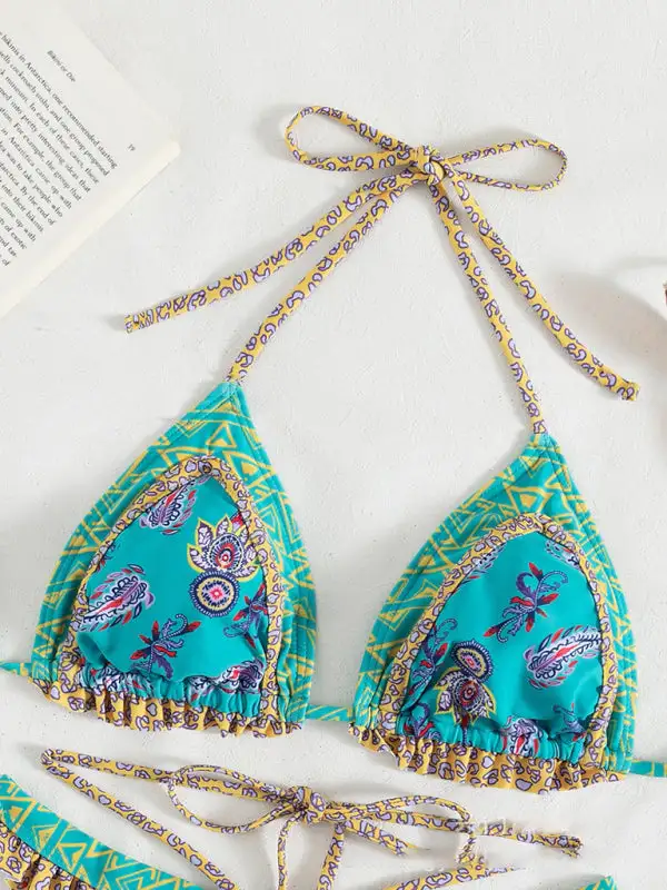 Ethnic Print Halter Neck Tie Bikini Swim Set