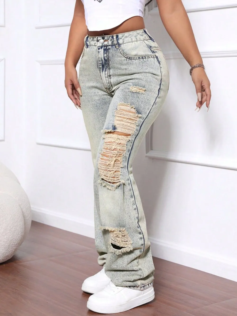 Versatile High Waist Distressed Denim Jeans