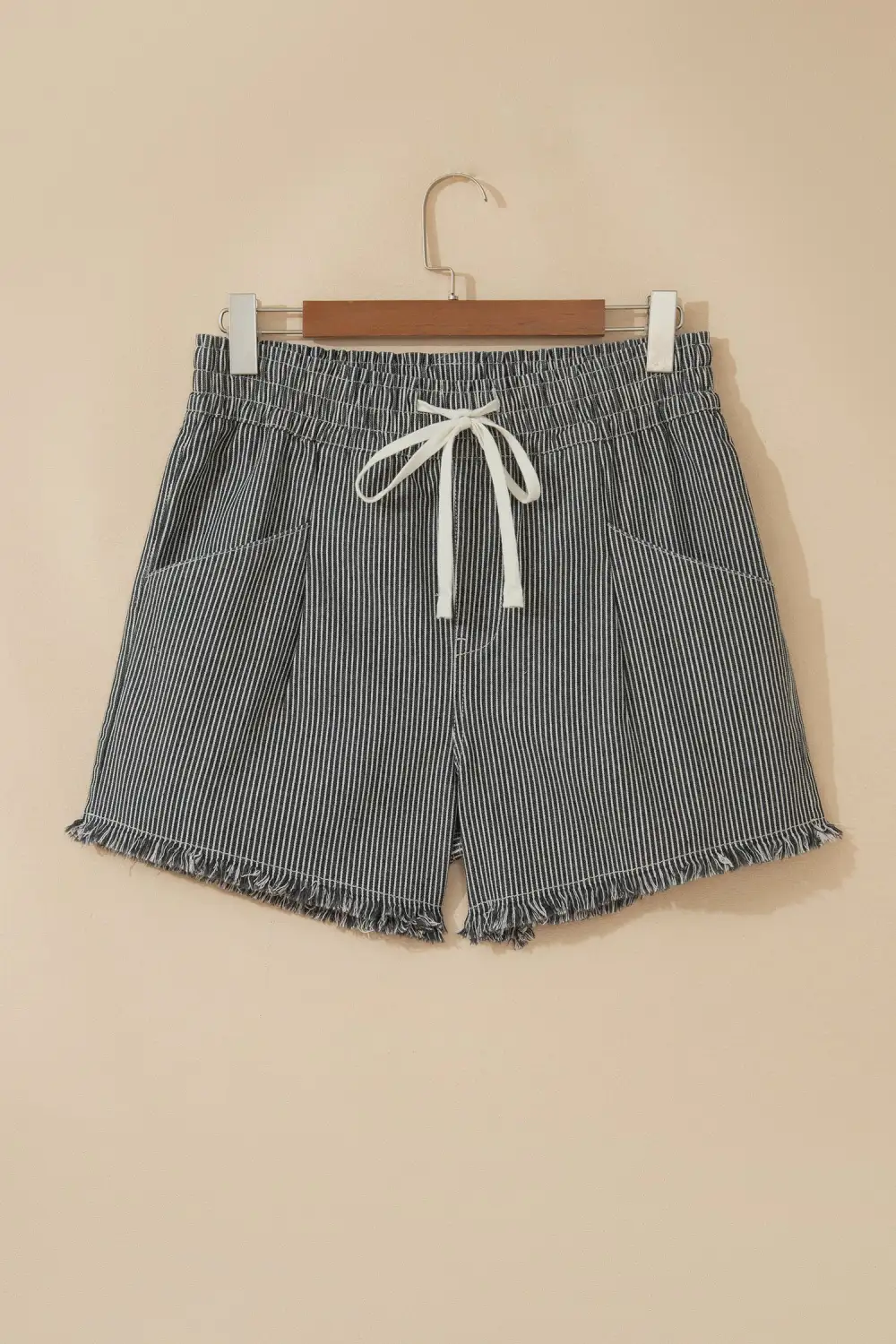 Drawstring Elastic-Waist Striped Denim Shorts