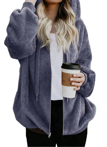 Womens Full Zip Up Sherpa Hoodie Fuzzy Fleece Jacket Oversized Fluffy Coat with Pockets