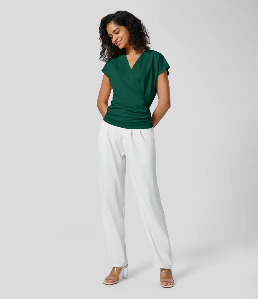 V Neck Cap Sleeve Crossover Ruched Solid Work Blouse