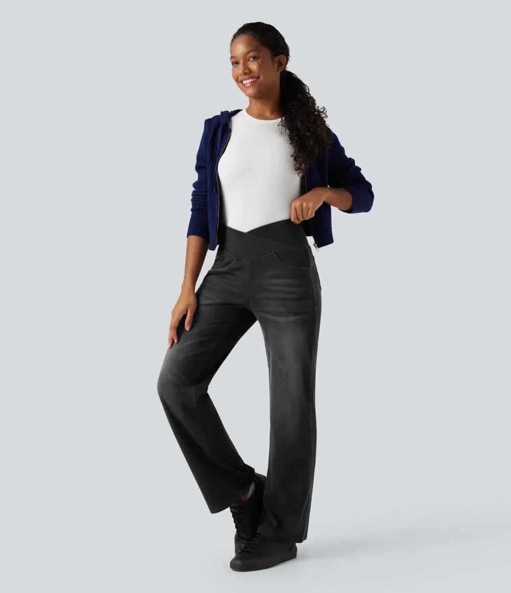 High-waisted, relaxed, crossover straight-leg jeans with  pockets