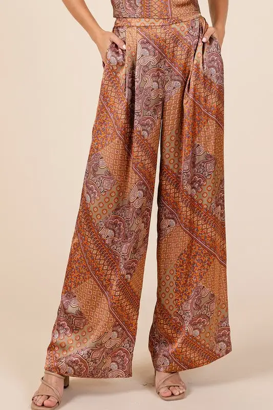 Patchwork Print Satin Wide Leg Pants