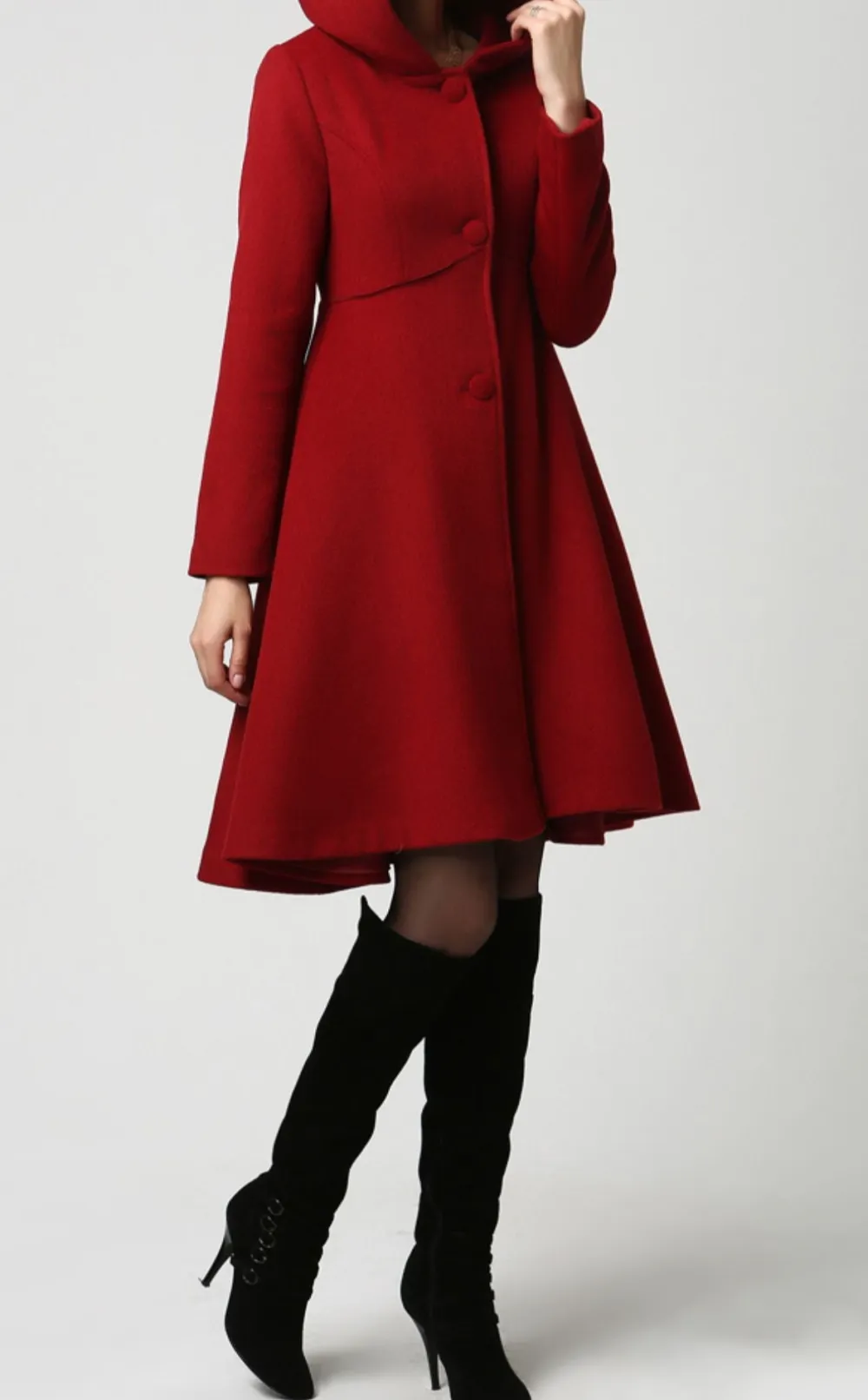 Wool Blend Fit and Flare Hooded Pocketed Midi Coat