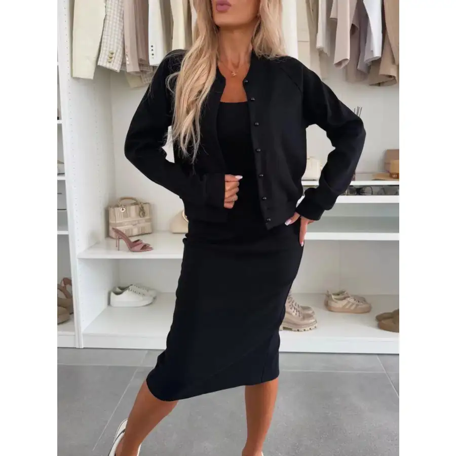 Slit Square Neck Dress and Outerwear Set