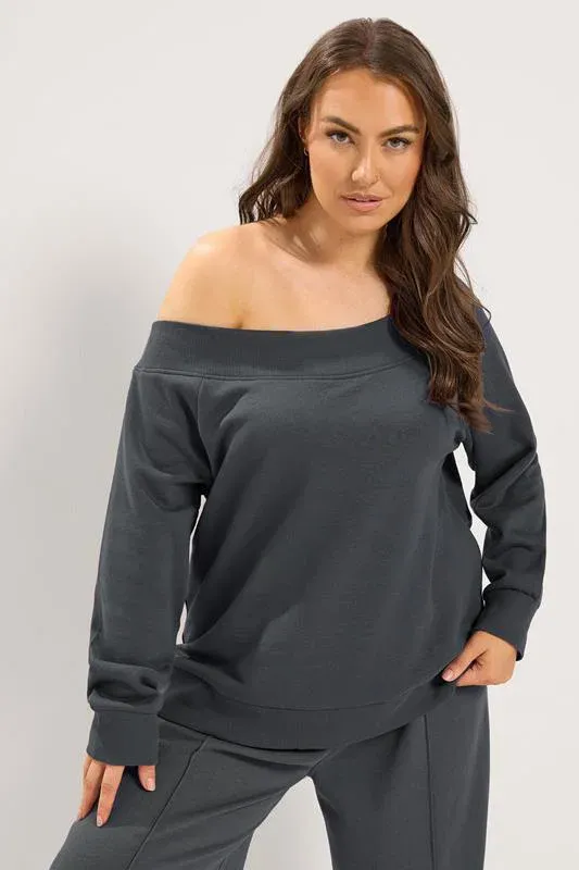 Grey Off Shoulder Ribbed Sweatshirt