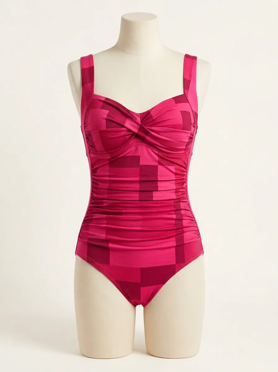 Classic Geometric-Pattern Ruched One-Piece Swimsuit