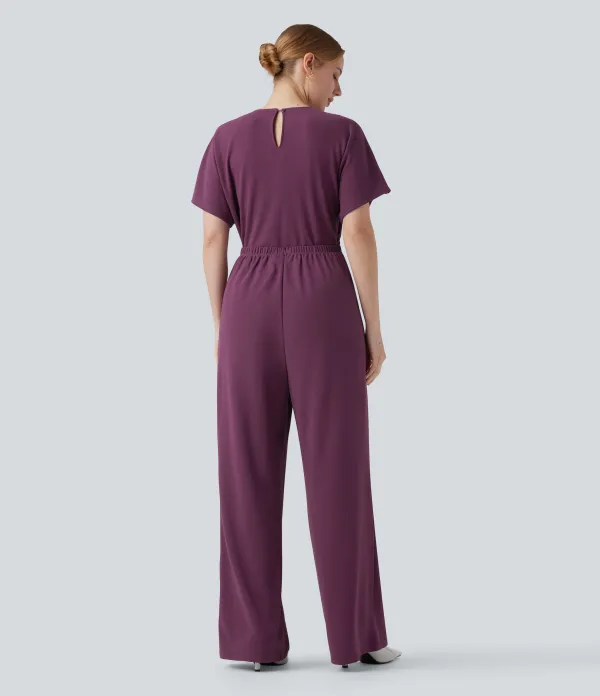 Wrinkle-resistant V-neck Batwing Sleeve Wide Leg Work Jumpsuit with Pockets-Easy Peezy