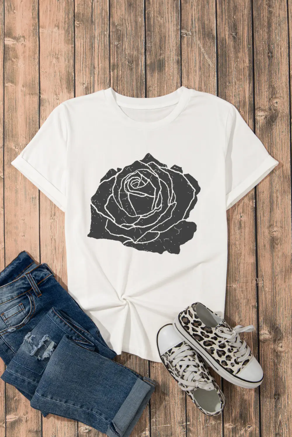 White Large Rose Print Round
