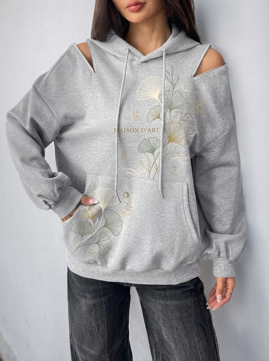 Women's Botanical Ginkgo Leaf Maison D'Art Printed Cold Shoulder Hoodie