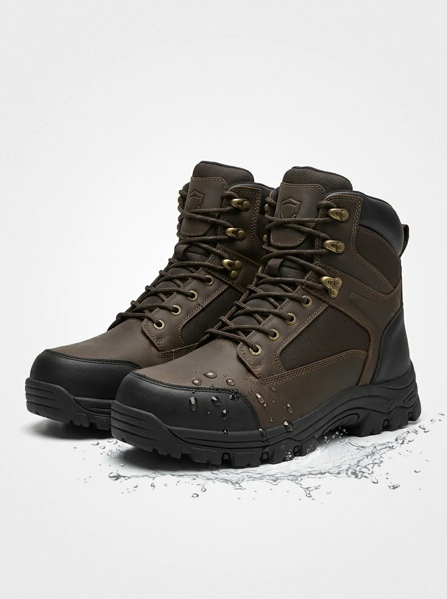 Men's Outdoor Waterproof Brown Leather Printed Work Boots