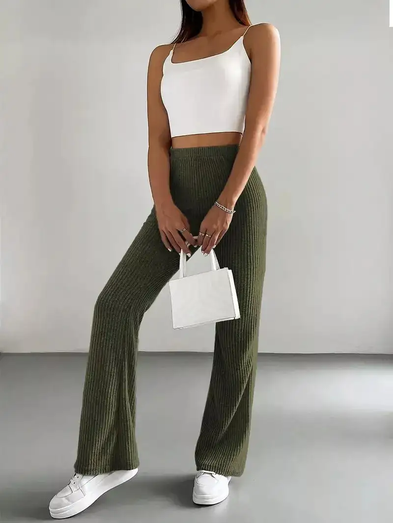 Classic Ribbed Knit High Waist Flare Pants