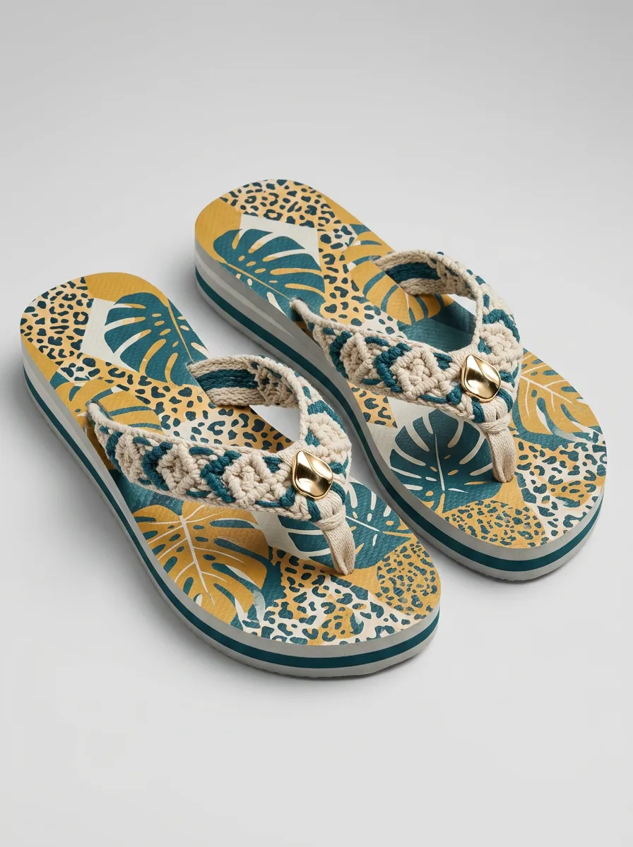 Women's Tropical Leopard Macrame Strap Printed Flip Flops