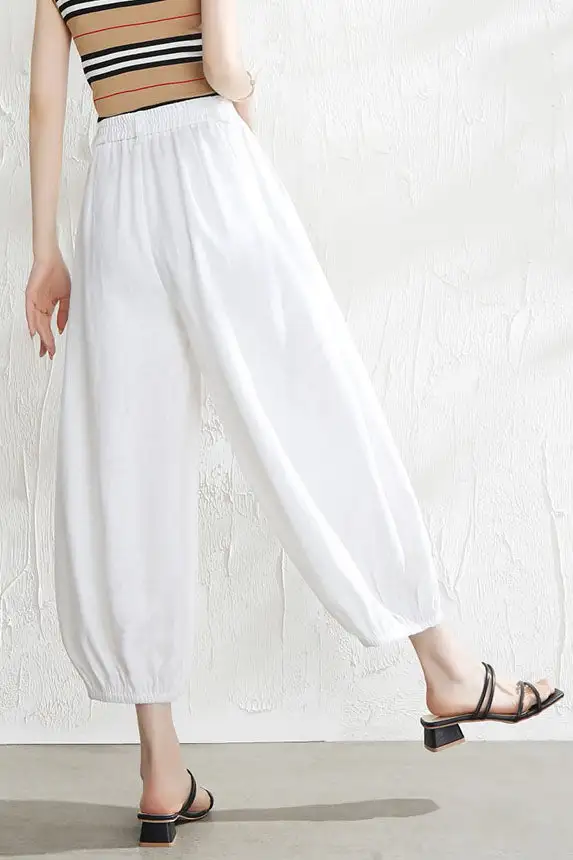 Classic Linen Wide Leg Cropped Elastic Waist Pocketed Trousers