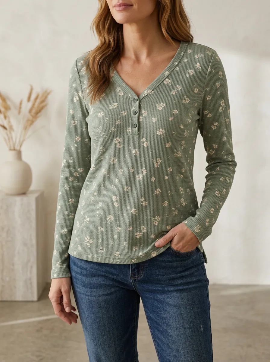 Women's Floral Waffle Knit Sage Green Printed Henley Shirt