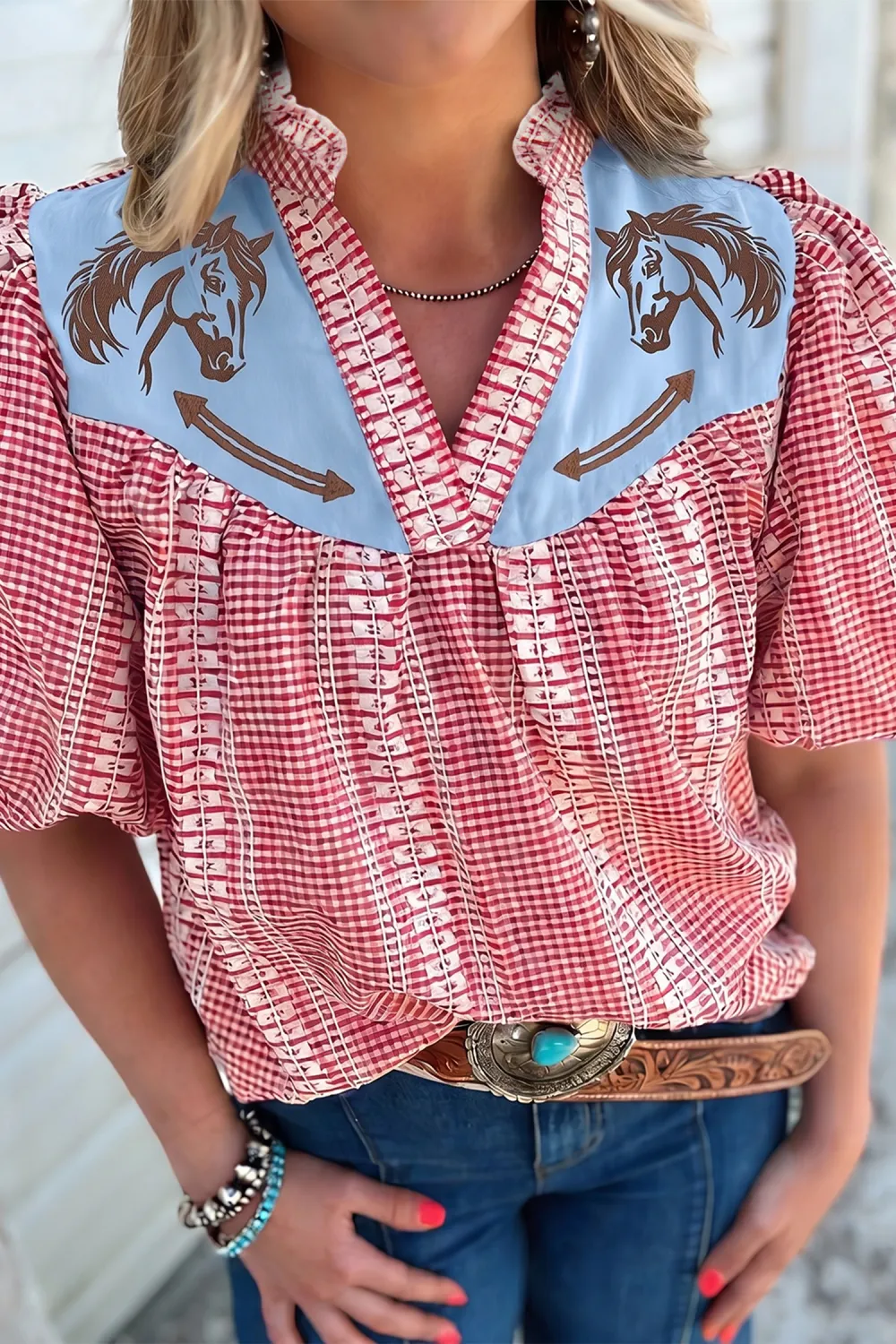 Red Pony Embroidered Yoke Blouse