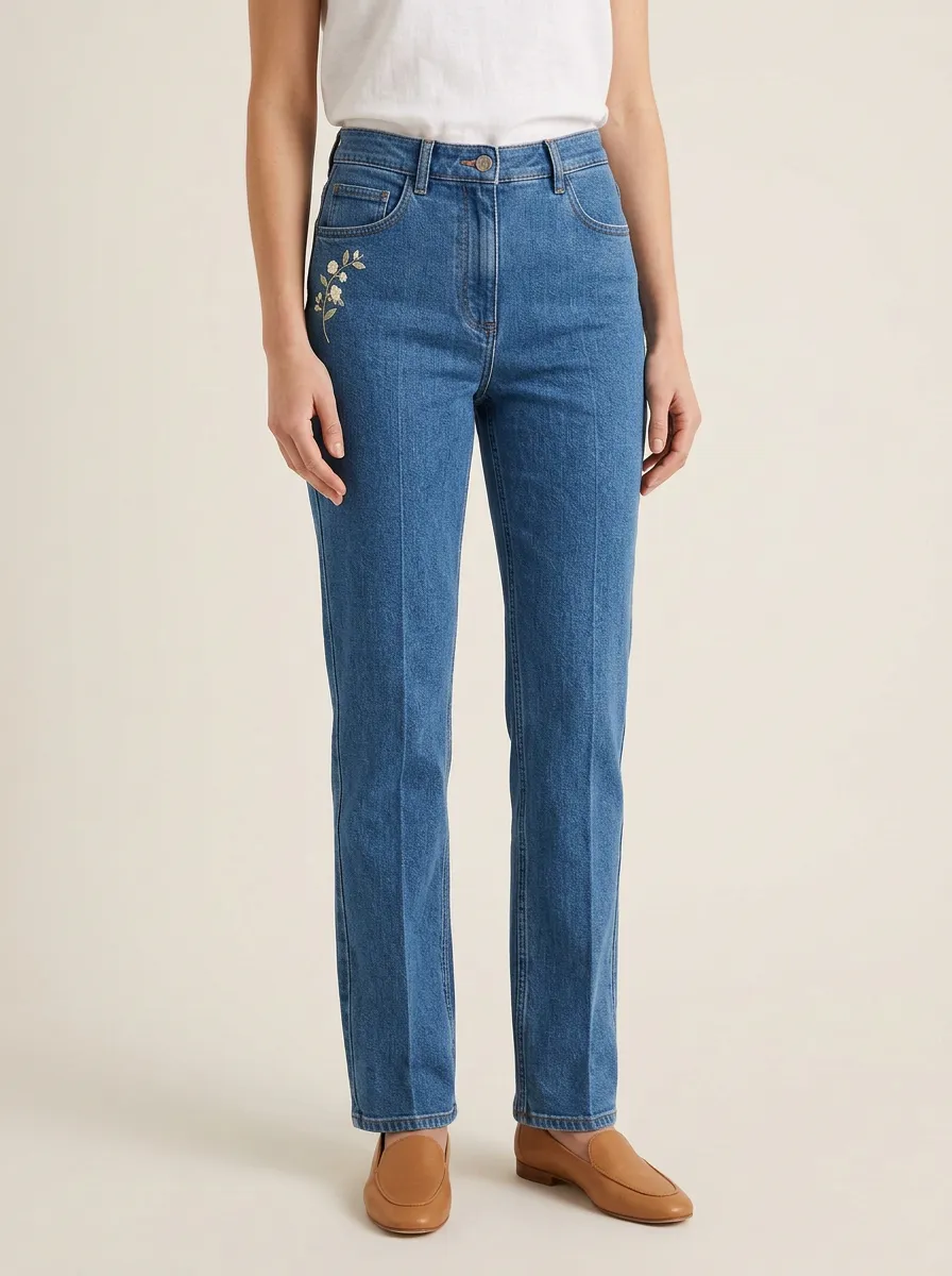 Women's Floral Embroidered Right-Hip Faded High-Rise Straight-Leg Jeans